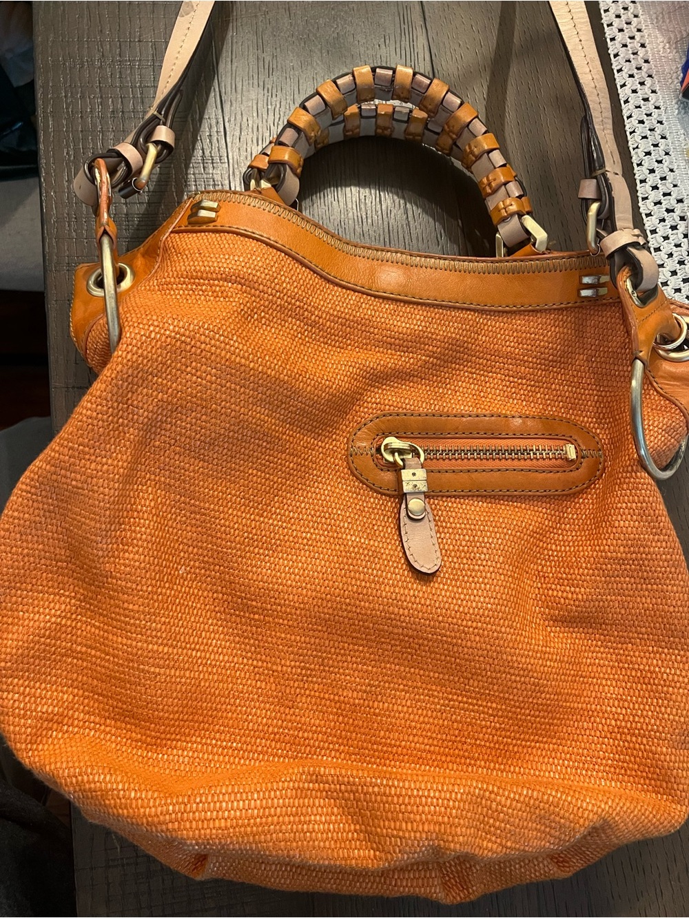 orYANY Orange Woven Leather-Trim Shoulder Bag